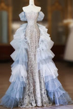 Classy Mermaid Off The Shoulder Neckline Sequin Ruffles Long Prom Dresses