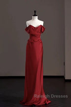 Classy Mermaid Off The Shoulder Red Satin Long Evening Gowns Prom Dress