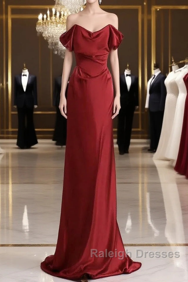 Classy Mermaid Off The Shoulder Red Satin Long Prom Gowns Prom Dresses