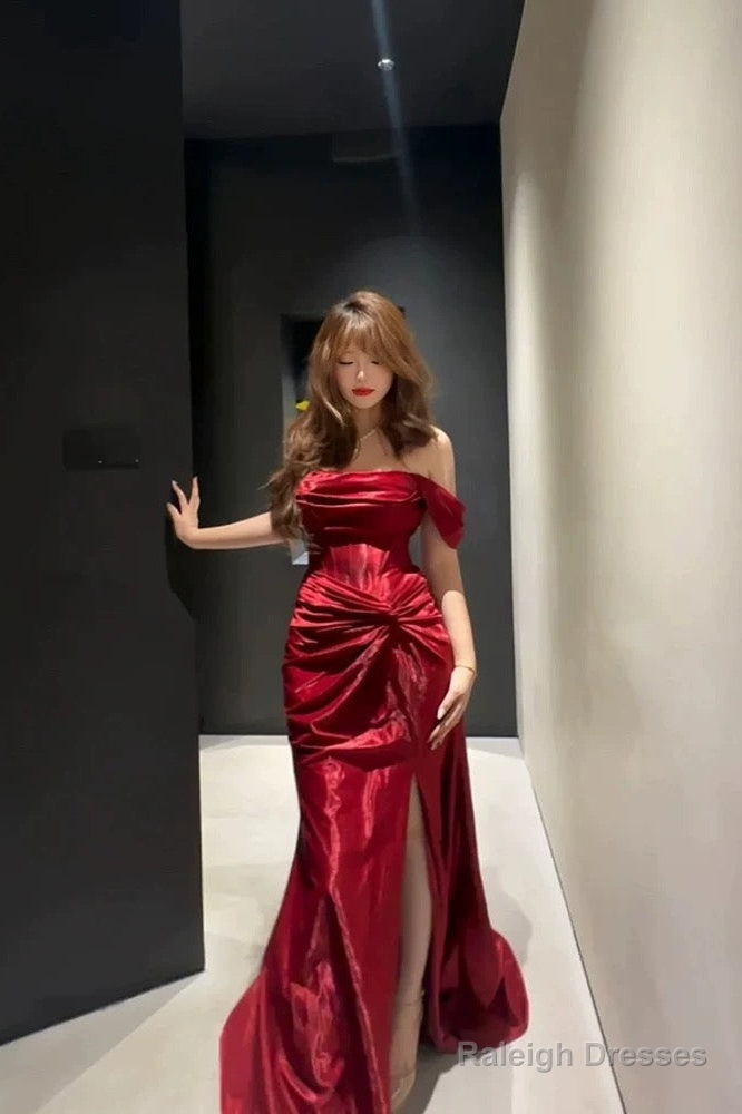 Classy Mermaid Off The Shoulder Red Satin Long Prom Gown Split Prom Dresses Secondary image