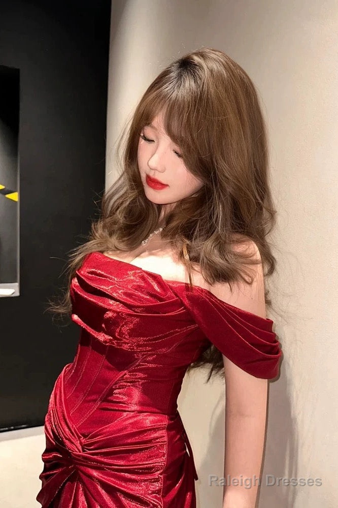 Classy Mermaid Off The Shoulder Red Satin Long Prom Gown Split Prom Dresses