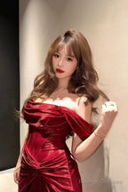 Classy Mermaid Off The Shoulder Red Satin Long Prom Gown Split Prom Dresses