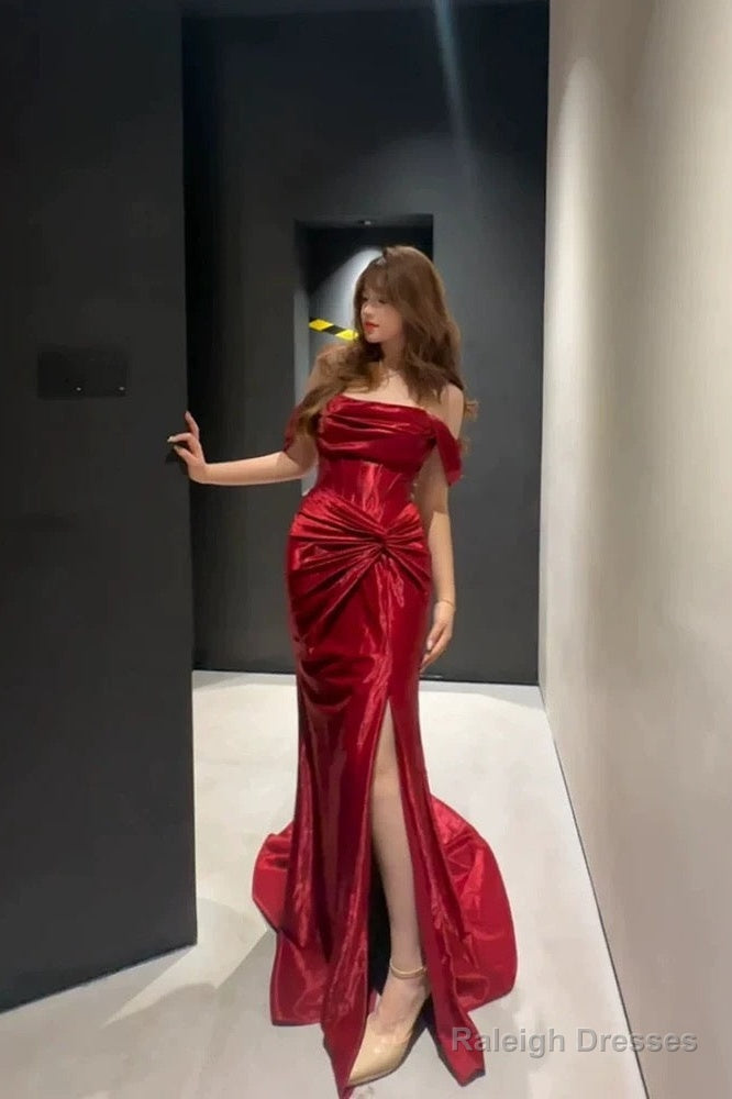 Classy Mermaid Off The Shoulder Red Satin Long Evening Gowns Split Prom Dress