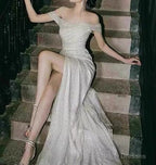 Classy Mermaid Off The Shoulder Sequin Slit Long Prom Dresses