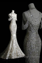 Classy Mermaid Off The Shoulder Silver Sequin Long Party Dress Prom Dresses