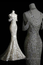 Classy Mermaid Off The Shoulder Silver Sequin Long Prom Dresses