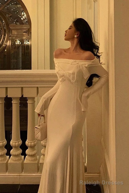 Classy Mermaid Off The Shoulder White Ruffles Long Sleeves Prom Dress Birthday Outfits Prom Gowns