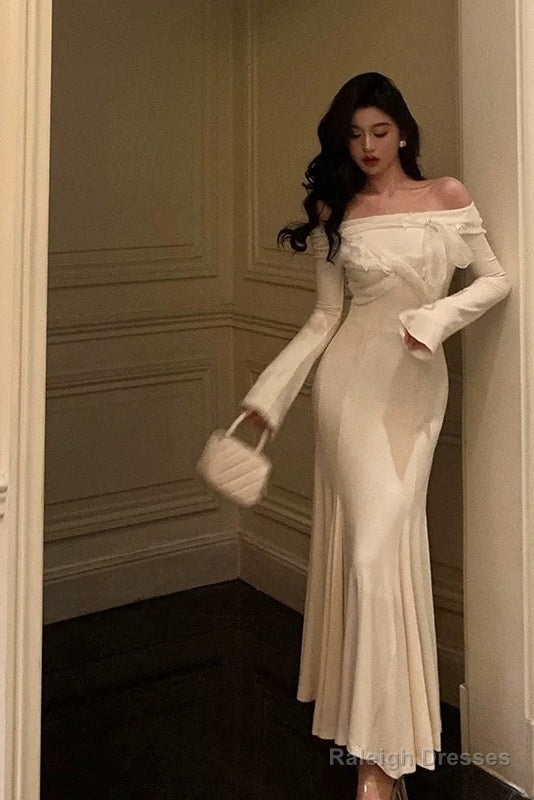 Classy Mermaid Off The Shoulder White Ruffles Long Sleeves Prom Dress Birthday Outfits Prom Gowns