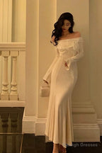 Classy Mermaid Off The Shoulder White Ruffles Long Sleeves Prom Dresses Birthday Outfits Evening Gown