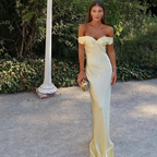 Classy Mermaid Off The Shoulder Yellow Satin Long Prom Dresses Prom Dress