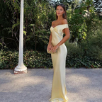 Classy Mermaid Off The Shoulder Yellow Satin Long Prom Dresses Prom Dress