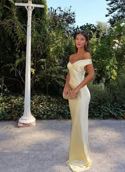 Classy Mermaid Off The Shoulder Yellow Satin Long Prom Dresses Prom Dress