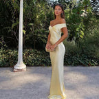 Classy Mermaid Off The Shoulder Yellow Satin Long Evening Dress Prom Dresses