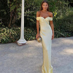 Classy Mermaid Off The Shoulder Yellow Satin Long Prom Dresses Prom Dress