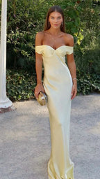 Classy Mermaid Off The Shoulder Yellow Satin Long Evening Dress Prom Dresses