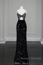 Classy Mermaid Spaghetti Straps Black Sequin Slit Long Evening Gowns Prom Dress