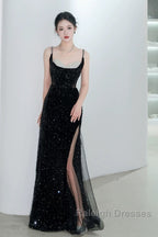 Classy Mermaid Spaghetti Straps Black Sequin Slit Long Evening Gowns Prom Dress