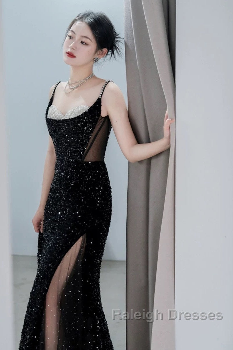 Classy Mermaid Spaghetti Straps Black Sequin Slit Long Prom Gowns Prom Dresses