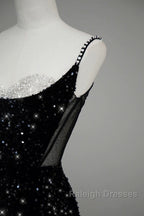 Classy Mermaid Spaghetti Straps Black Sequin Slit Long Evening Gowns Prom Dress
