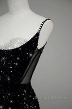Classy Mermaid Spaghetti Straps Black Sequin Slit Long Prom Gowns Prom Dresses