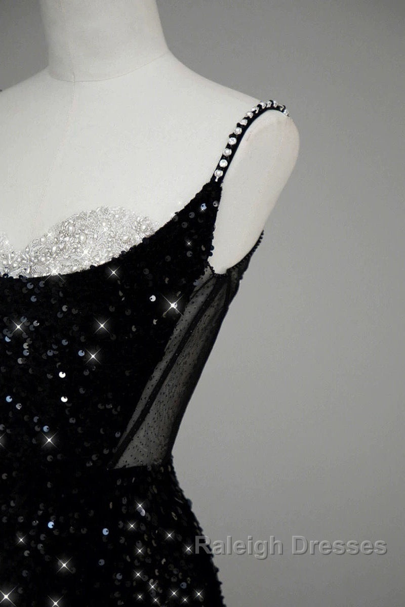 Classy Mermaid Spaghetti Straps Black Sequin Slit Long Prom Gowns Prom Dresses