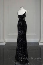 Classy Mermaid Spaghetti Straps Black Sequin Slit Long Evening Gowns Prom Dress