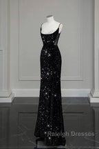 Classy Mermaid Spaghetti Straps Black Sequin Slit Long Prom Gowns Prom Dresses