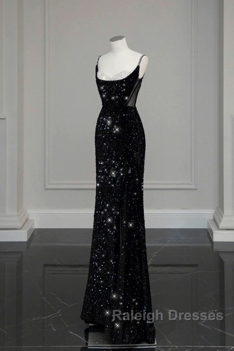 Classy Mermaid Spaghetti Straps Black Sequin Slit Long Prom Gowns Prom Dresses