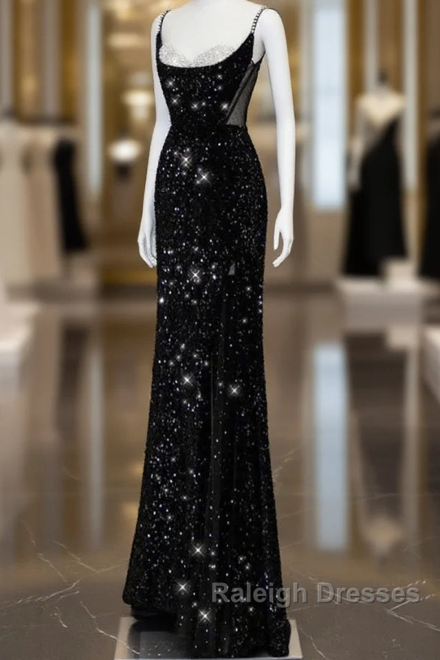 Classy Mermaid Spaghetti Straps Black Sequin Slit Long Prom Gowns Prom Dresses
