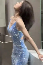 Classy Mermaid Spaghetti Straps Blue Sequin Long Evening Gowns Prom Dress