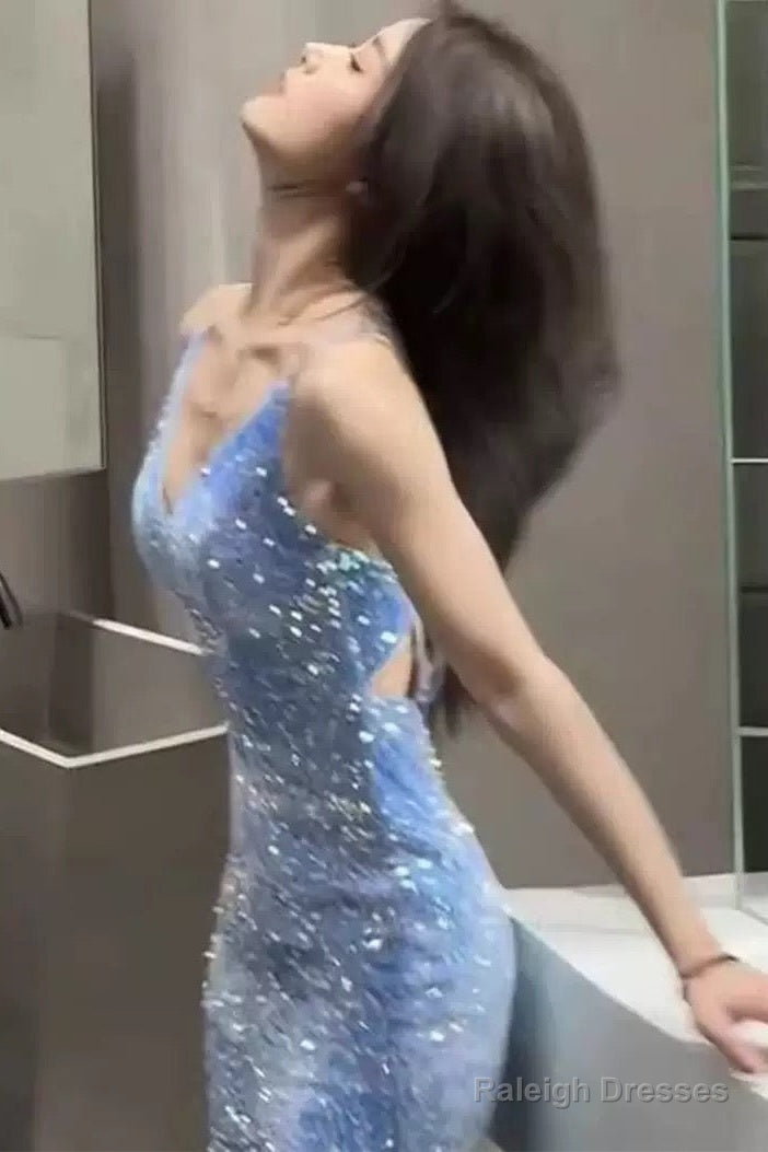 Classy Mermaid Spaghetti Straps Blue Sequin Long Prom Gown Prom Dresses