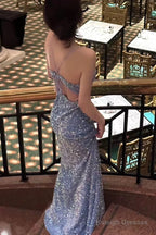 Classy Mermaid Spaghetti Straps Blue Sequin Long Prom Gown Prom Dresses