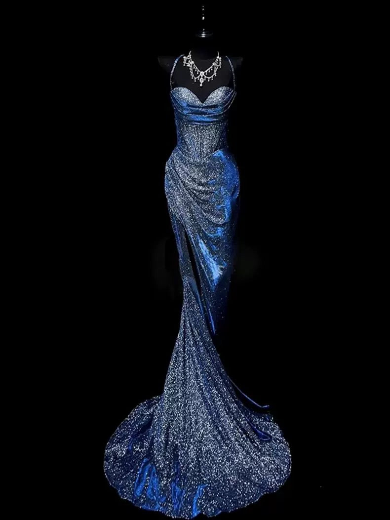 Classy Mermaid Spaghetti Straps Navy Blue Sequin Long Evening Gowns Prom Dress Secondary image