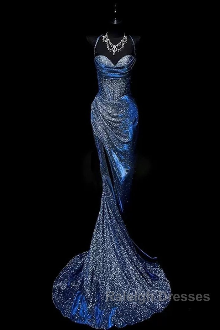 Classy Mermaid Spaghetti Straps Navy Blue Sequin Long Prom Gowns Prom Dresses