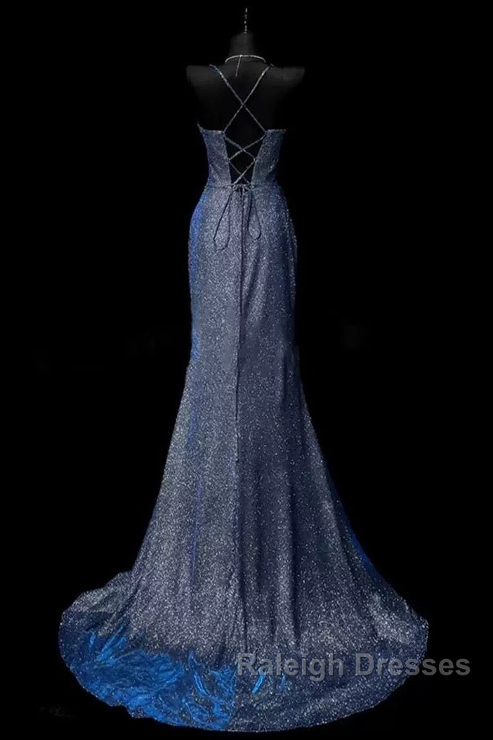 Classy Mermaid Spaghetti Straps Navy Blue Sequin Long Evening Gowns Prom Dress