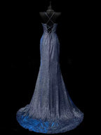 Classy Mermaid Spaghetti Straps Navy Blue Sequin Long Evening Gowns Prom Dress