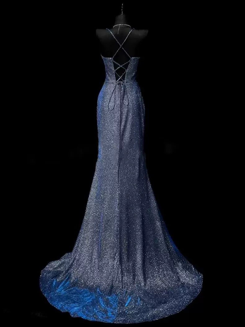 Classy Mermaid Spaghetti Straps Navy Blue Sequin Long Evening Gowns Prom Dress