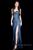 Classy Mermaid Spaghetti Straps Navy Blue Sequin Long Evening Gowns Prom Dress