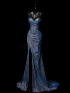 Classy Mermaid Spaghetti Straps Navy Blue Sequin Long Evening Gowns Prom Dress