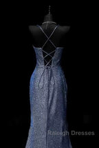 Classy Mermaid Spaghetti Straps Navy Blue Sequin Long Evening Gowns Prom Dress