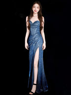 Classy Mermaid Spaghetti Straps Navy Blue Sequin Long Prom Gown Prom Dresses