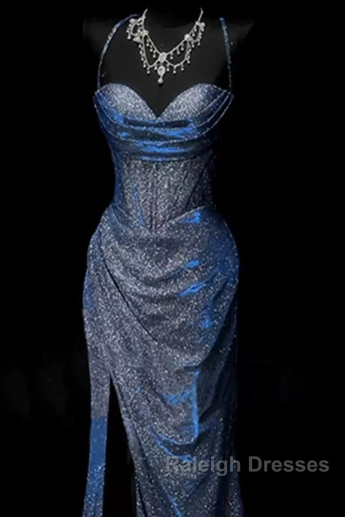 Classy Mermaid Spaghetti Straps Navy Blue Sequin Long Evening Gowns Prom Dress