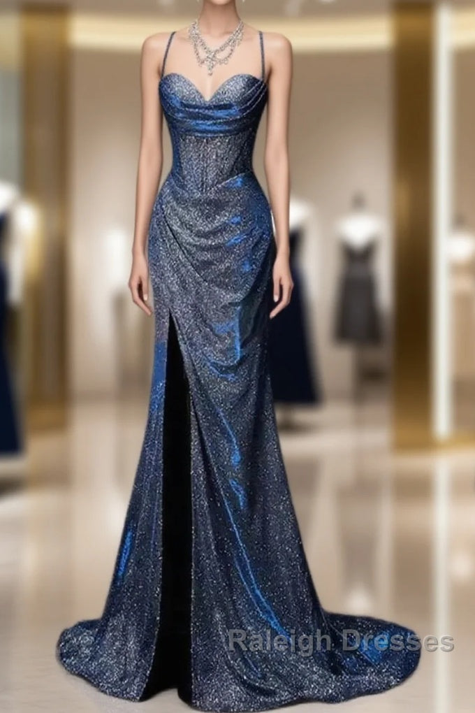 Classy Mermaid Spaghetti Straps Navy Blue Sequin Long Evening Gowns Prom Dress Main image