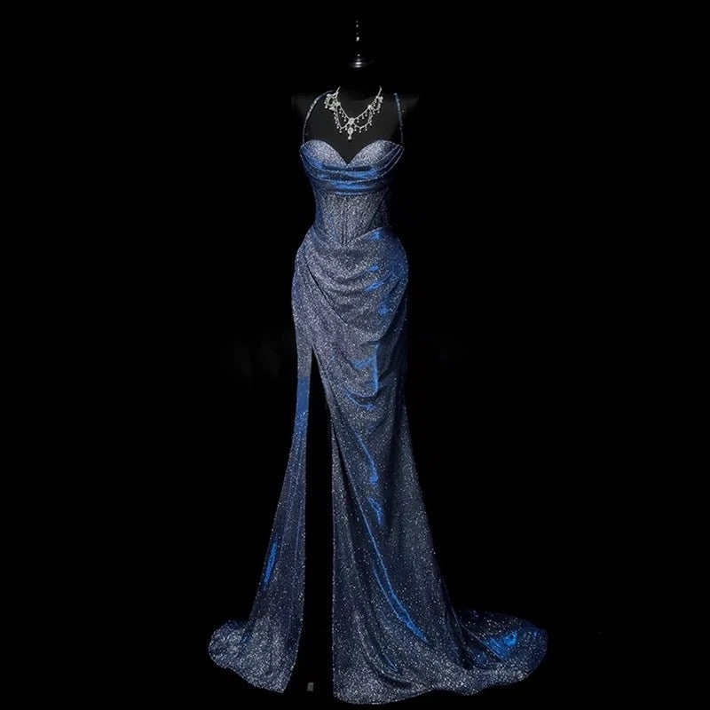 Classy Mermaid Spaghetti Straps Navy Blue Sequin Long Evening Gowns Prom Dress Main image