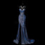 Classy Mermaid Spaghetti Straps Navy Blue Sequin Long Evening Gowns Prom Dress