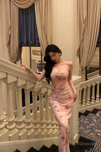 Classy Mermaid Spaghetti Straps Pink Flora Prom Dress Birthday Outfits Prom Gowns