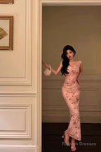 Classy Mermaid Spaghetti Straps Pink Flora Prom Dress Birthday Outfits Prom Gowns