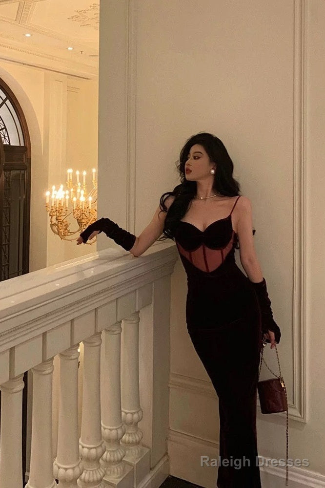 Classy Mermaid Spaghetti Straps Sleeveless Burgundy Velvet Prom Dresses Birthday Outfits Secondary image