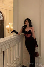 Classy Mermaid Spaghetti Straps Sleeveless Burgundy Velvet Prom Dress Birthday Outfits