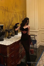 Classy Mermaid Spaghetti Straps Sleeveless Burgundy Velvet Prom Dress Birthday Outfits